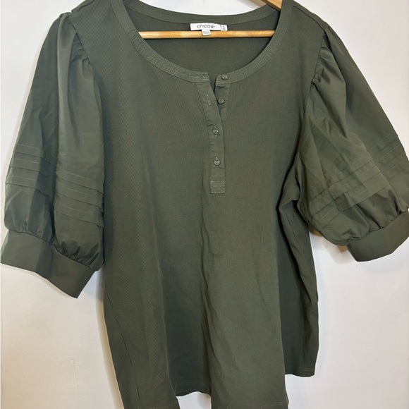 Chicos Olive Green Mixed Media Puff Sleeve Top - Picture 1 of 5